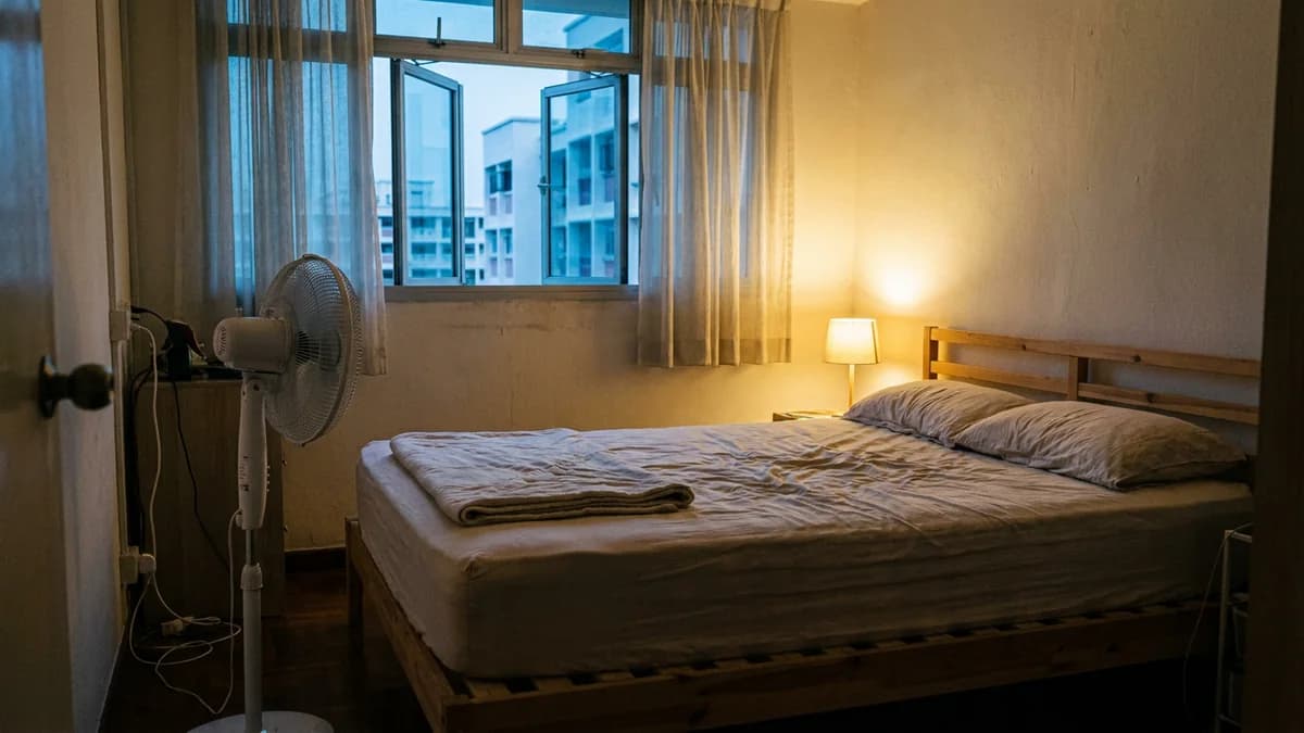A naturally ventilated Singapore bedroom with an open window, a standing fan and lightweight bedding on a slatted wooden bed frame.