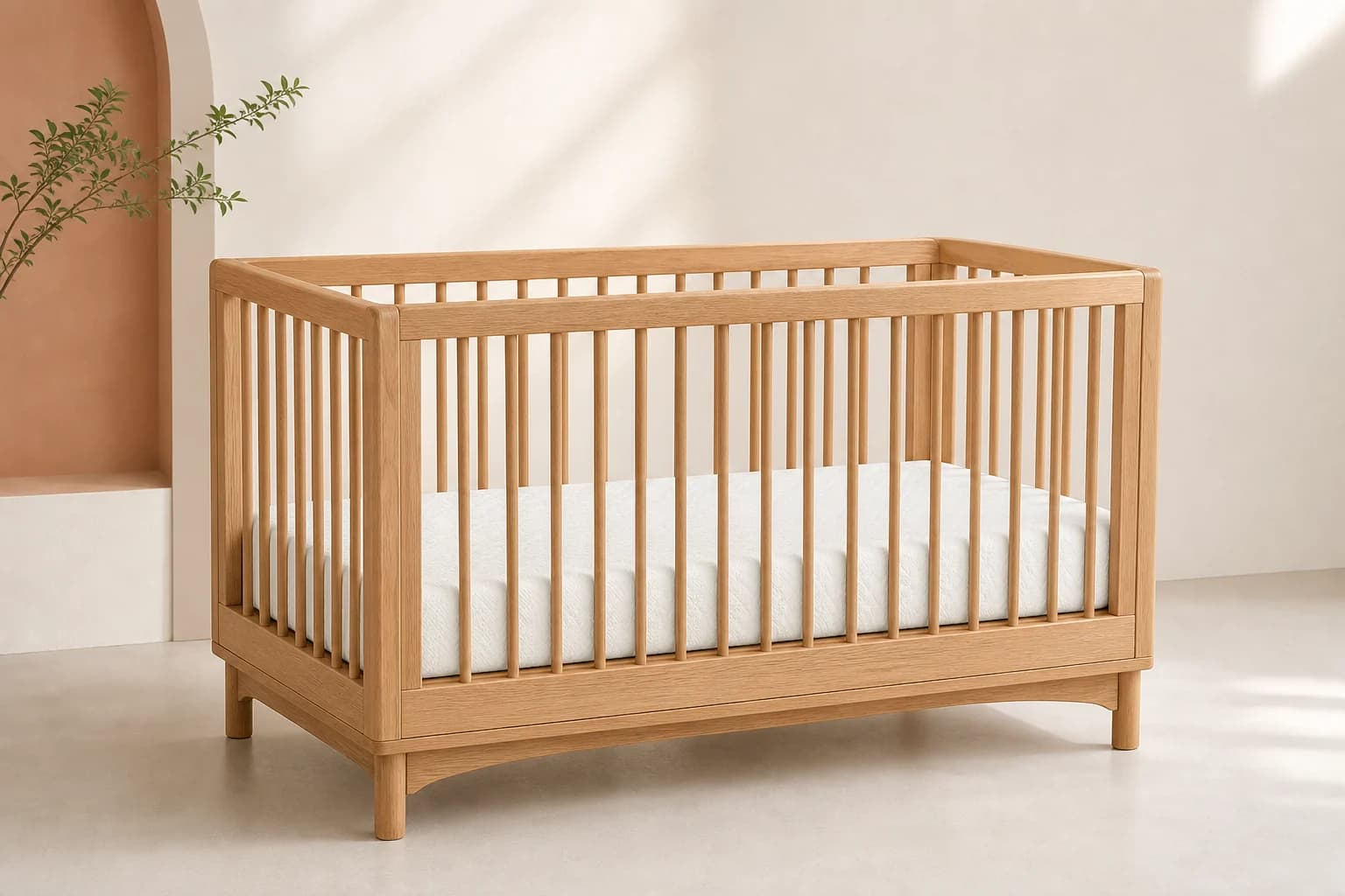 Firm natural latex baby mattress fitted inside a wooden cot