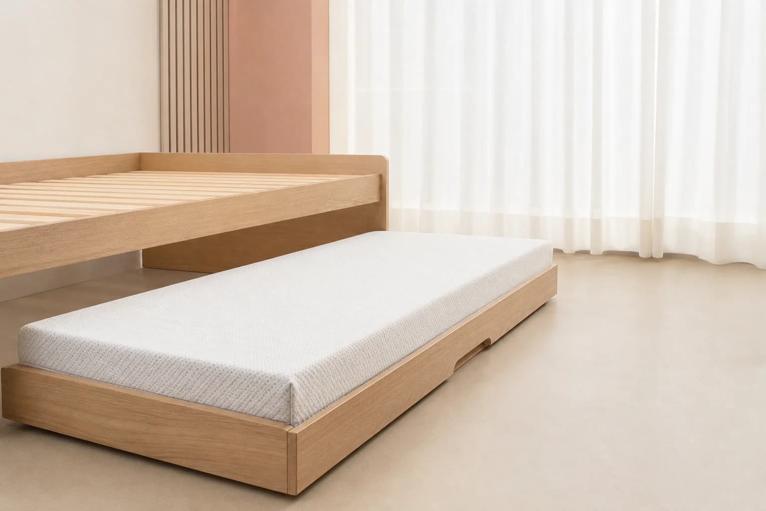 Moonlight toddler natural latex mattress in a low floor-bed setup