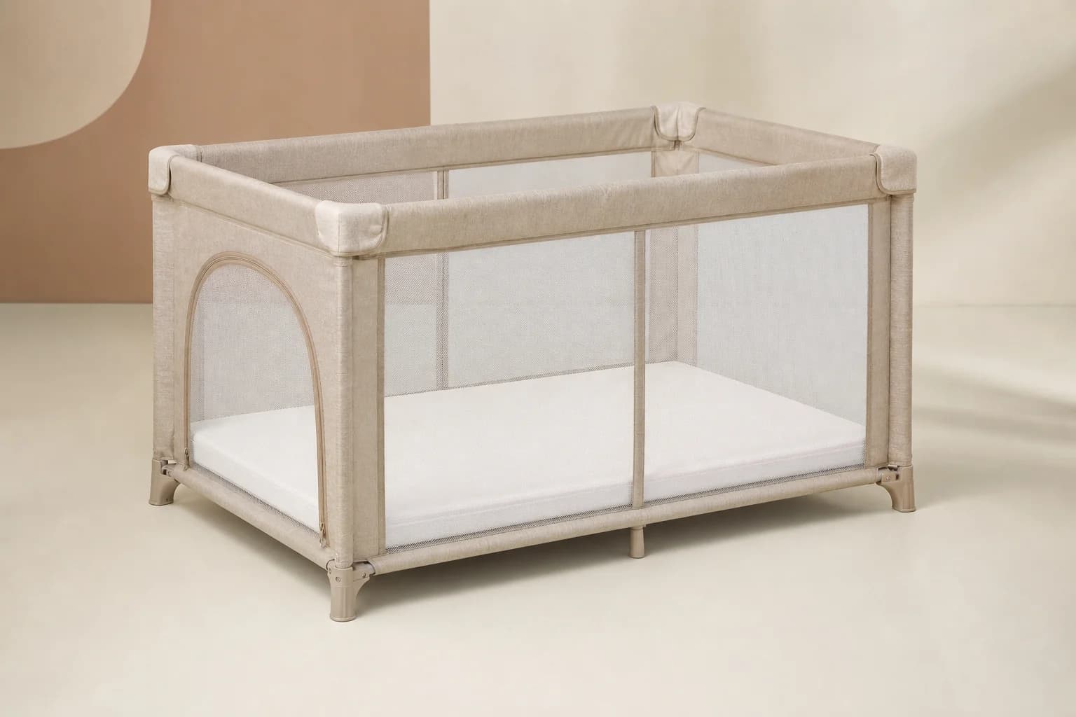 Compact natural latex playpen mattress in a neutral nursery