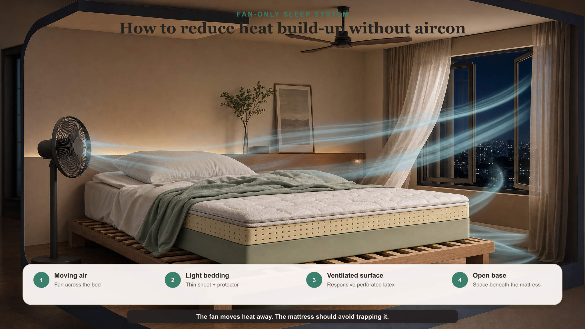 Fan-only Singapore sleep system showing a fan, breathable bedding, responsive mattress layers and an open slatted base