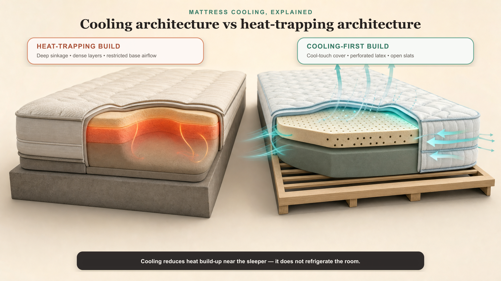 Cooling mattress versus heat-trapping mattress architecture showing how the cover, comfort layer, support core and bed base affect heat build-up
