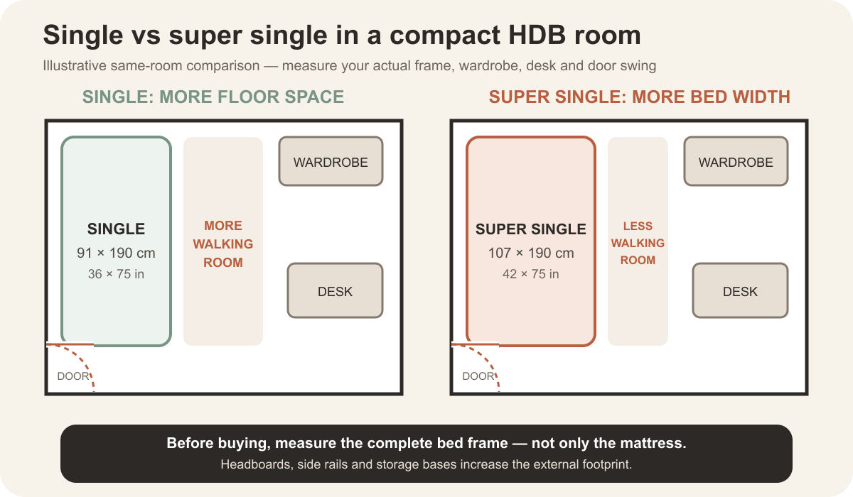 Single and super single beds shown in an HDB room layout